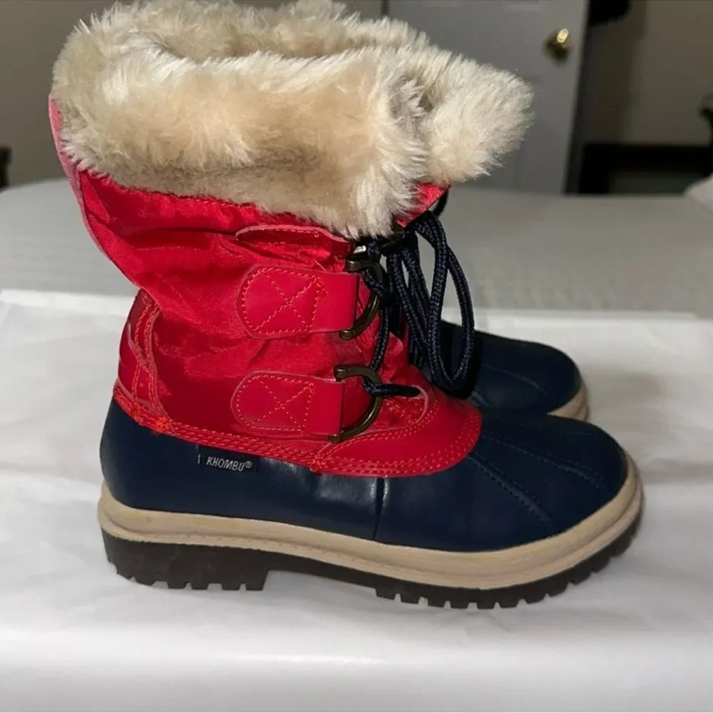 KHOMBU TESS 6 Navy Red Ivory Shearing Interior Lace Front Winter Boots